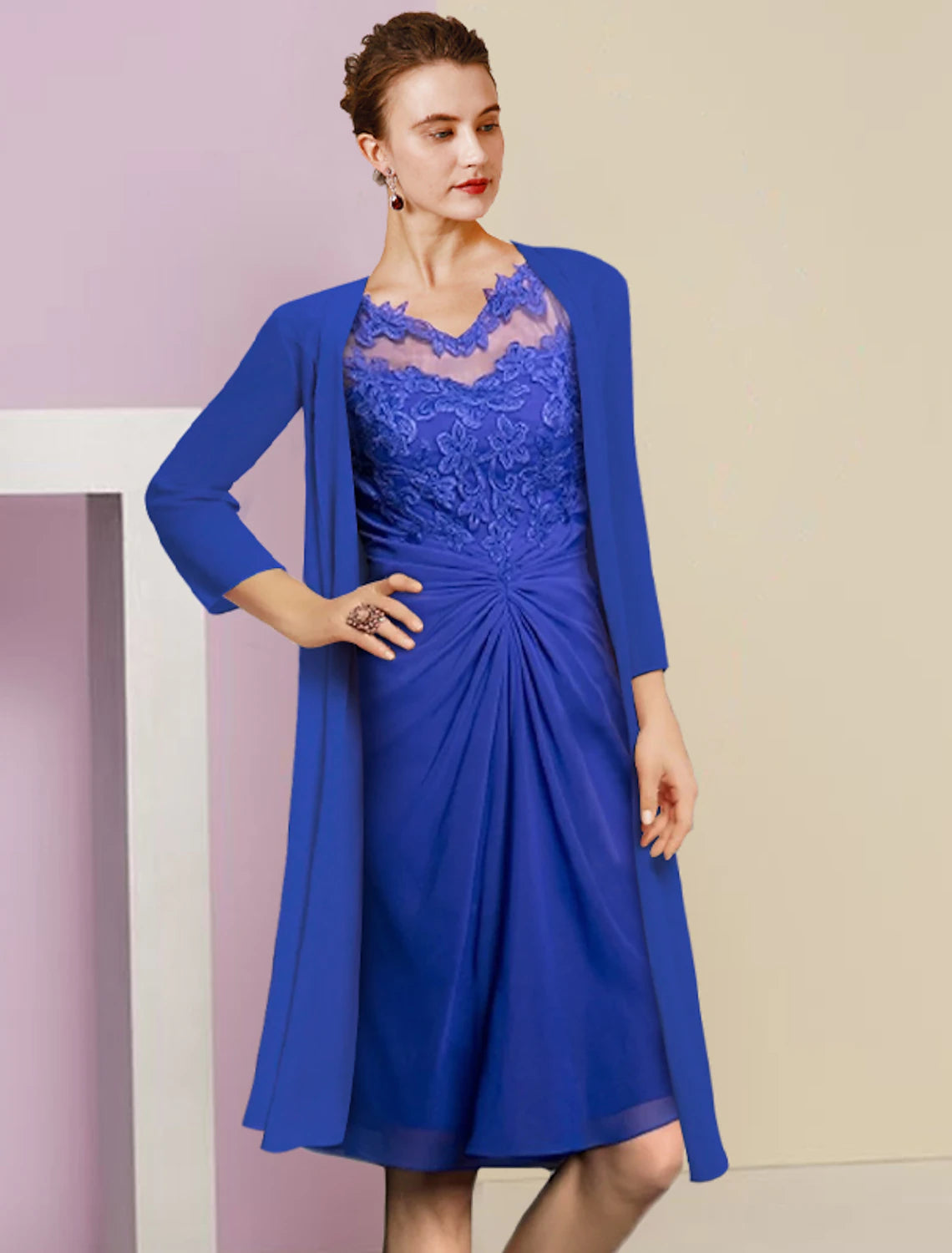 Vestido de dos piezas tipo tubo para madre de la novia, vestido formal para invitada de boda, estilo vintage, elegante, con escote en V, largo hasta la rodilla, de gasa, con encaje, manga media, con apliques