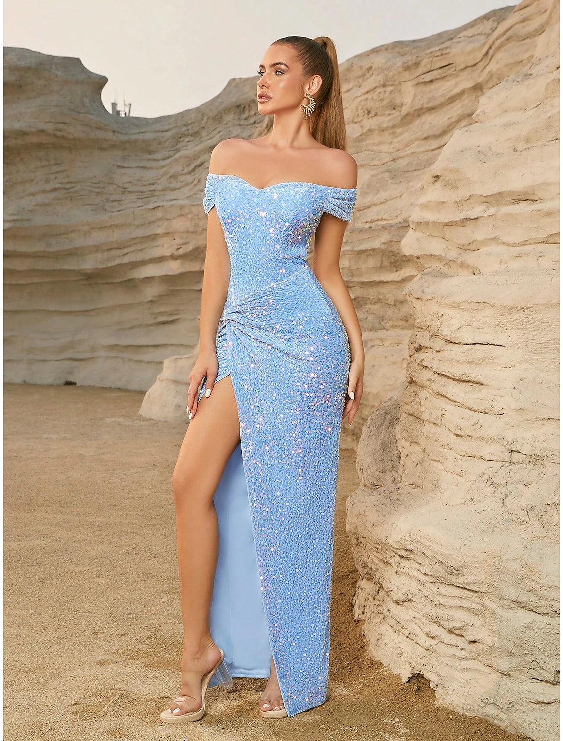Sky Blue Sequin Off-the-Shoulder High Slit Floor-Length Evening Dress