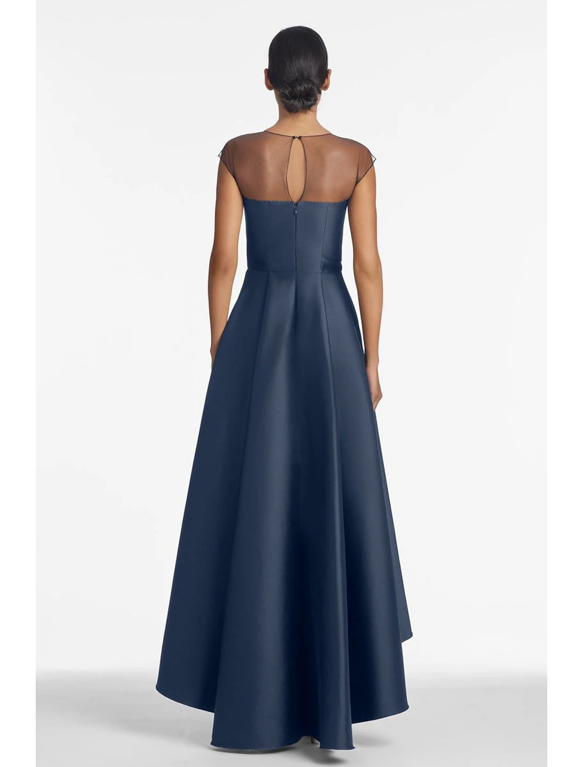 Dark Navy Satin A-Line Asymmetrical Illusion Neck Evening Dress with Beaded Embellishment