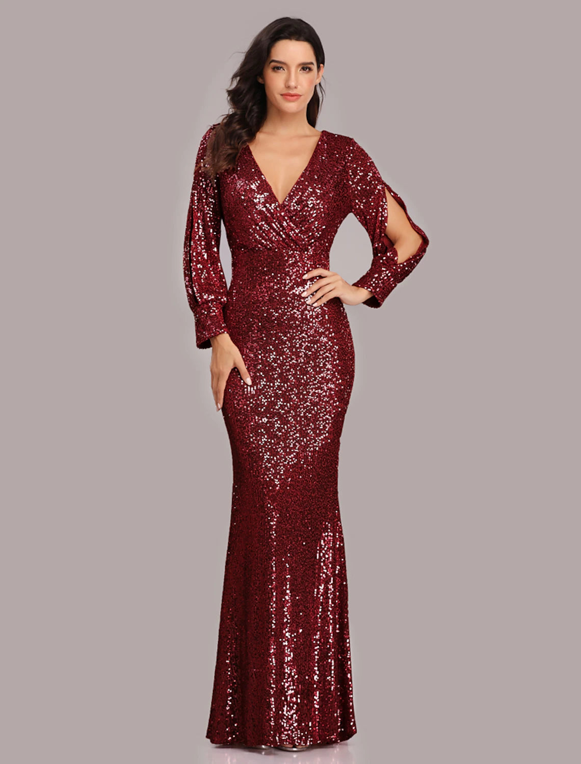 Vestido de noche de sirena/trompeta, brillante, para fiesta, para invitada de boda, largo hasta el suelo, manga larga, cuello en V, con lentejuelas