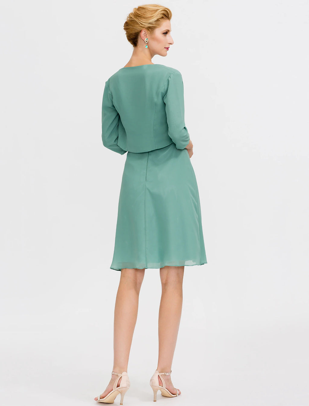Vestido de madre de la novia de corte A, formal, elegante, de dos piezas, con tirantes, corto/mini, de gasa, sin mangas, sí, con pliegues y abalorios