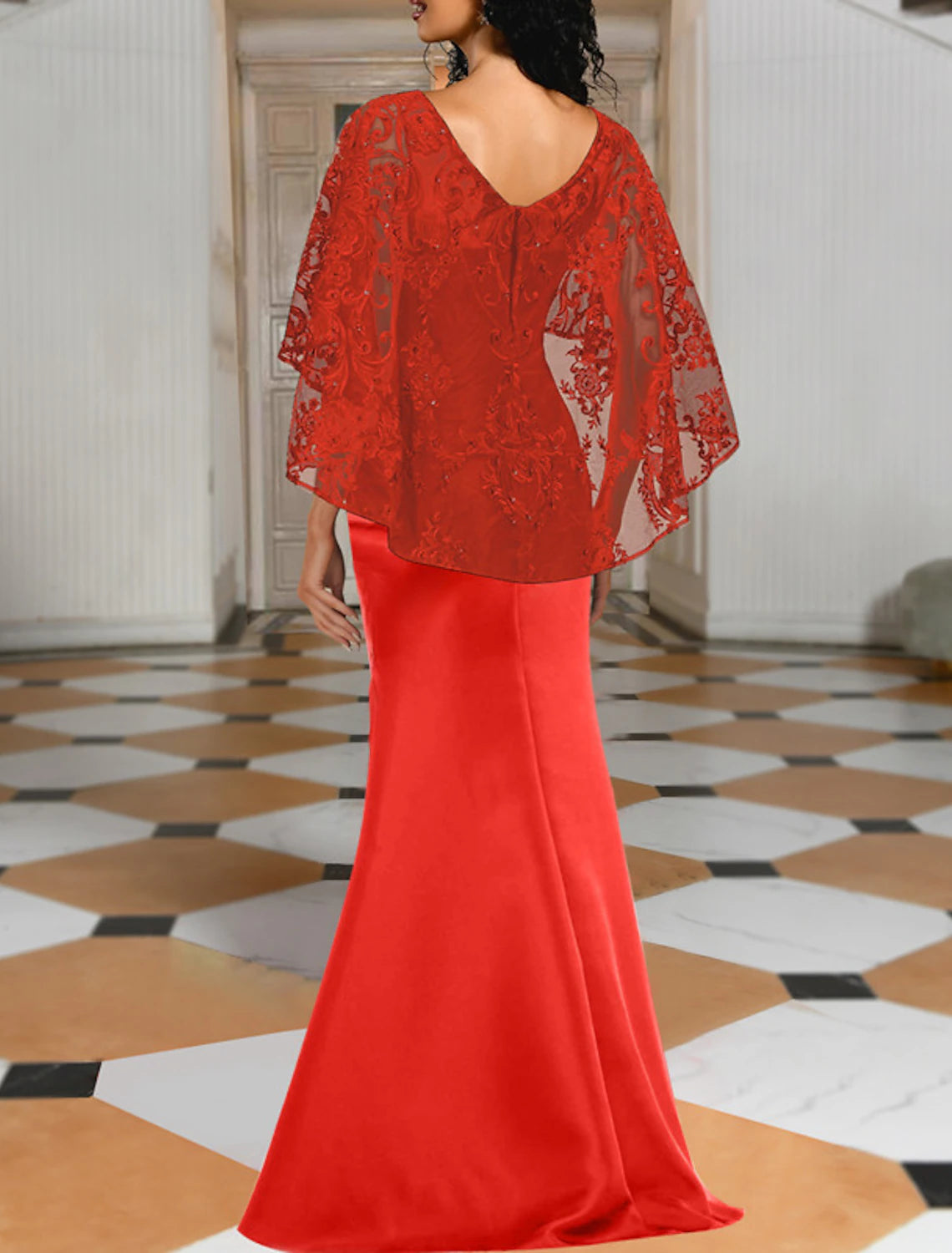 Red Satin Sheath/column Floor-Length Dress with Lace Cape Overlay