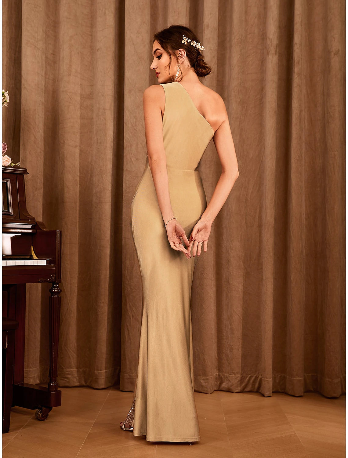 Gold Sequin Embellished One Shoulder Floor-Length Evening Dress with High Slit