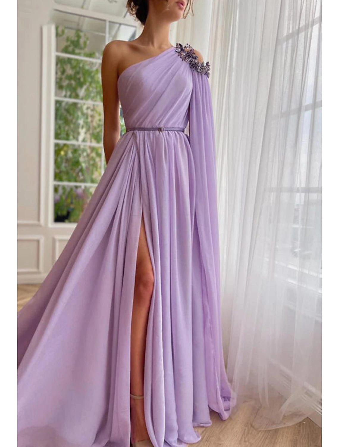 Lavender Chiffon A-Line One Shoulder Floor-Length Bridesmaid Dress with Draped Bodice, High Slit, and Embellished Shoulder