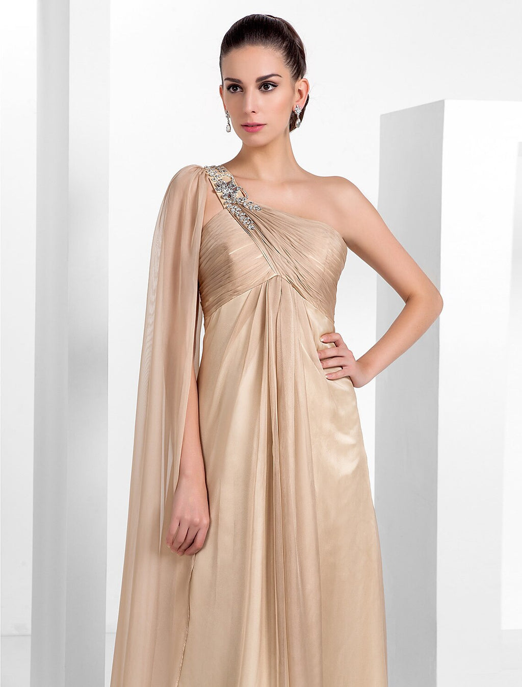 Champagne Chiffon A-Line Floor-Length Evening Dress with One Shoulder & Beaded Strap