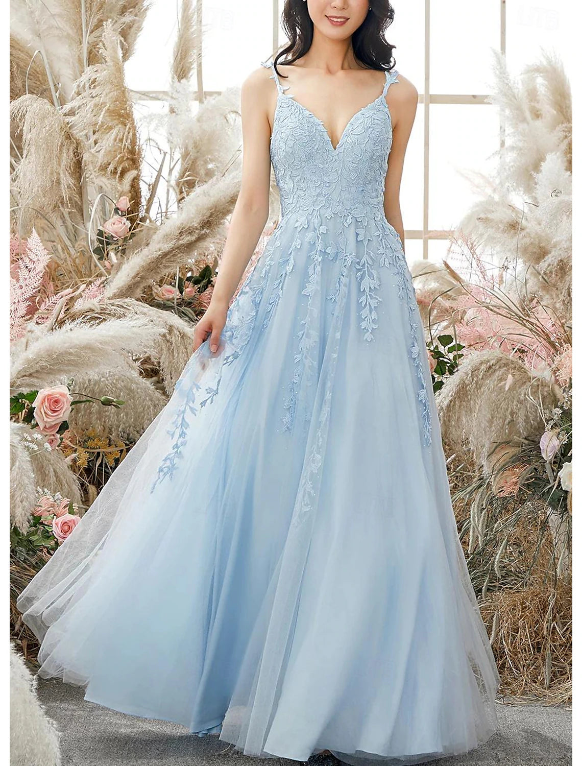 Sky Blue A-Line Floor-Length Bridesmaid Dress with Lace Appliques