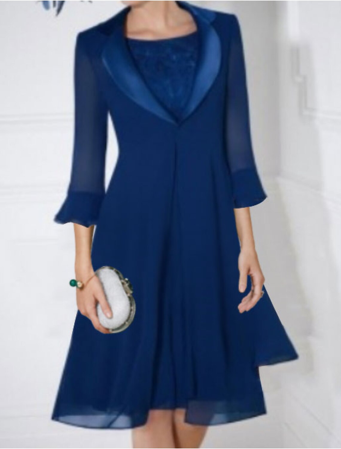 Abito da sposa a trapezio vintage per la madre della sposa, taglie forti, con scollo gioiello, lunghezza al ginocchio, in chiffon, maniche corte, con arricciature