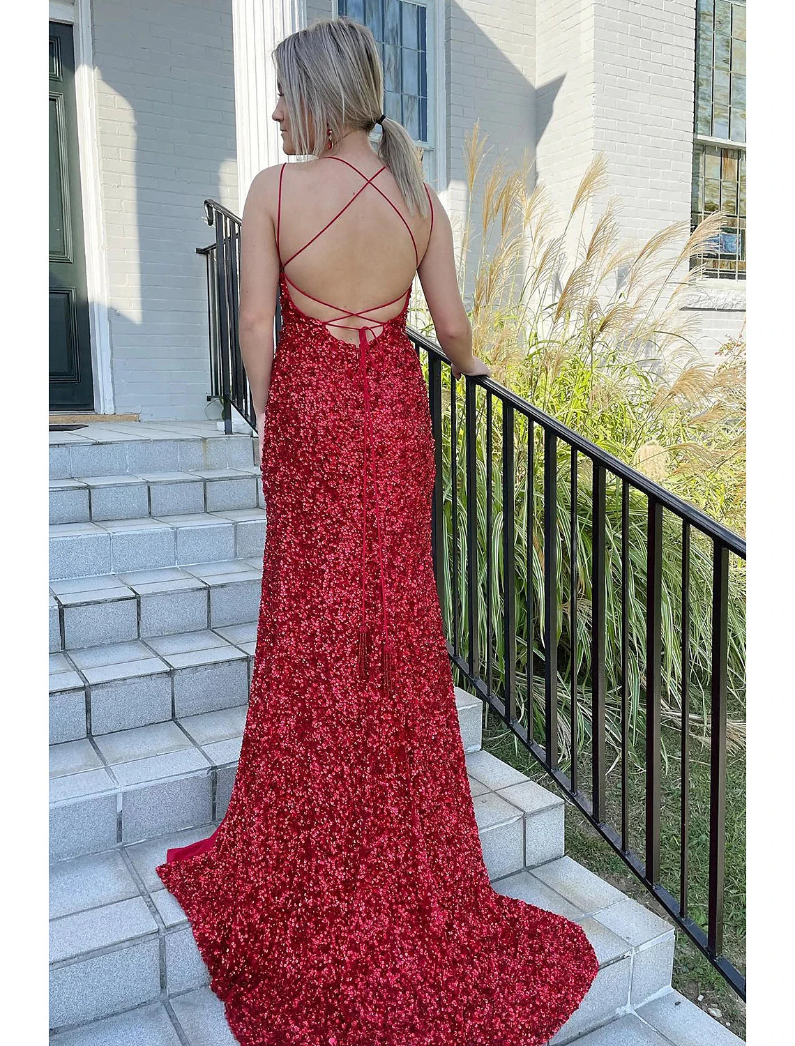 Royal Blue Sequin Sheath/column Floor-Length Dress with Straight Neck and High Slit