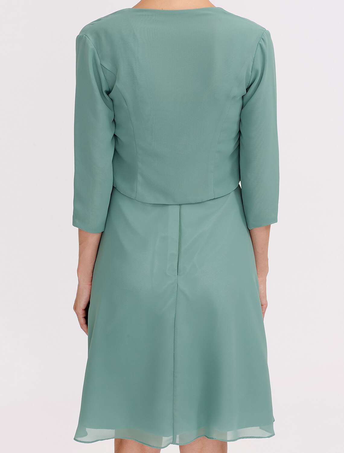 Abito da sposa a trapezio, elegante, corto/mini, in chiffon, senza maniche, con pieghe e perline, due pezzi, formale