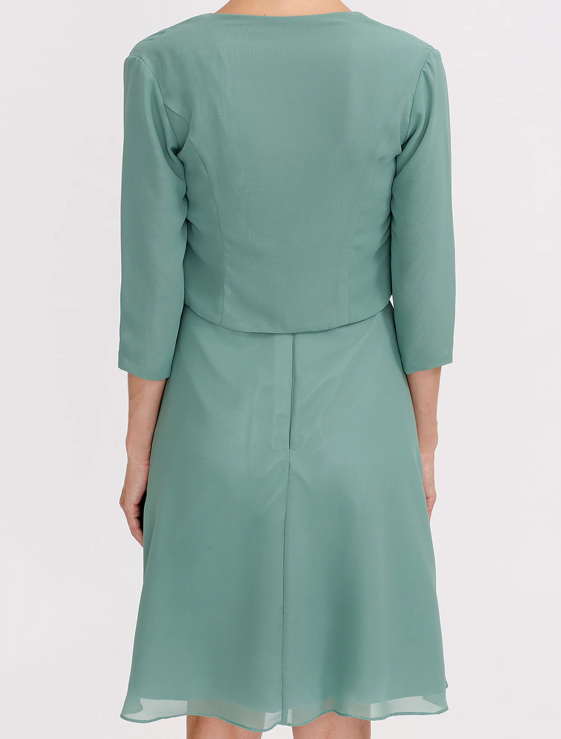 Abito da sposa a trapezio, elegante, corto/mini, in chiffon, senza maniche, con pieghe e perline, due pezzi, formale