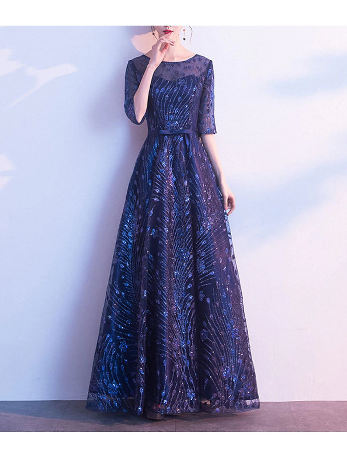 Navy Blue Sequin A-Line Boat Neck Floor-Length Evening Dress for Prom & Bridesmaid