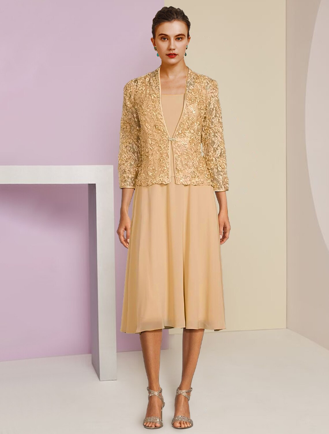 Abito da cerimonia per la madre della sposa, a trapezio, elegante, in chiffon, con scollo a barchetta, lunghezza tè, maniche a 3/4, con pieghe e spilla di cristallo