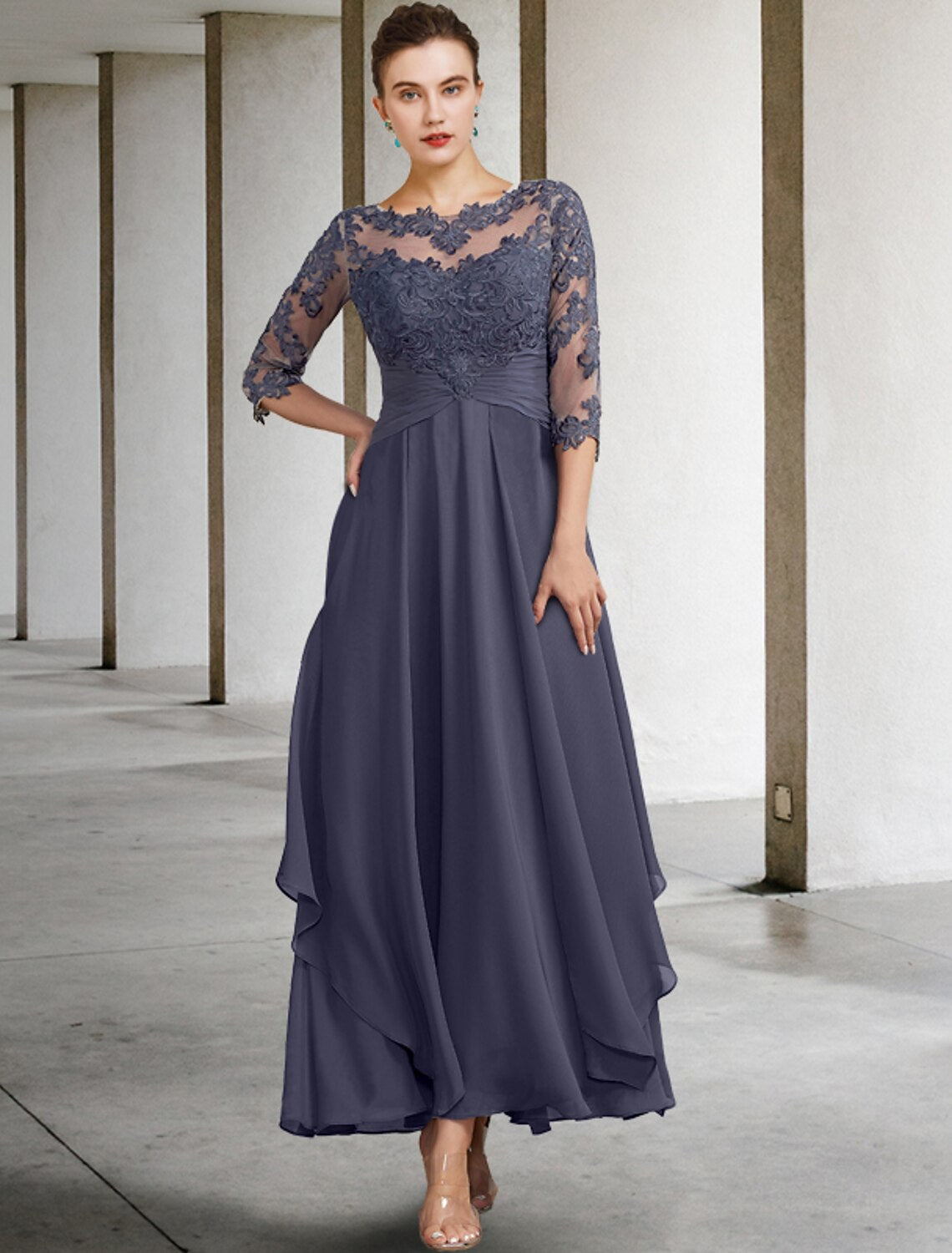 Abito da madre della sposa a trapezio, elegante, con scollo gioiello, lunghezza alla caviglia, in chiffon, pizzo, mezza manica, con applicazioni di balze arricciate