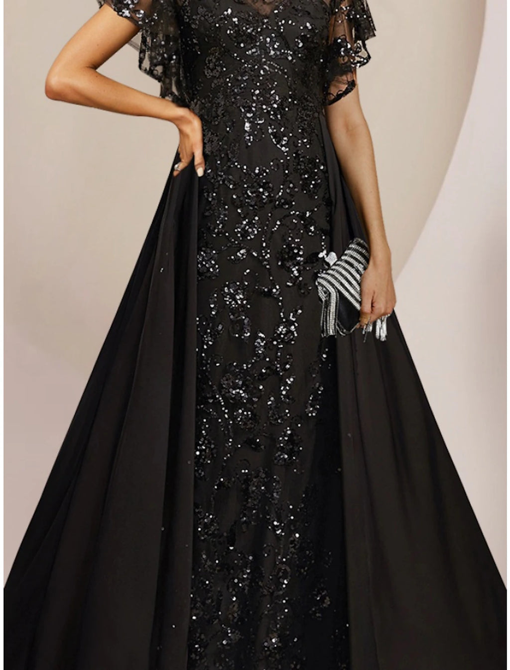 Vestido de madre de la novia de corte A para invitada de boda, elegante, escote redondo, largo hasta el suelo, de gasa, encaje con lentejuelas, manga corta con fruncido de lentejuelas, color liso