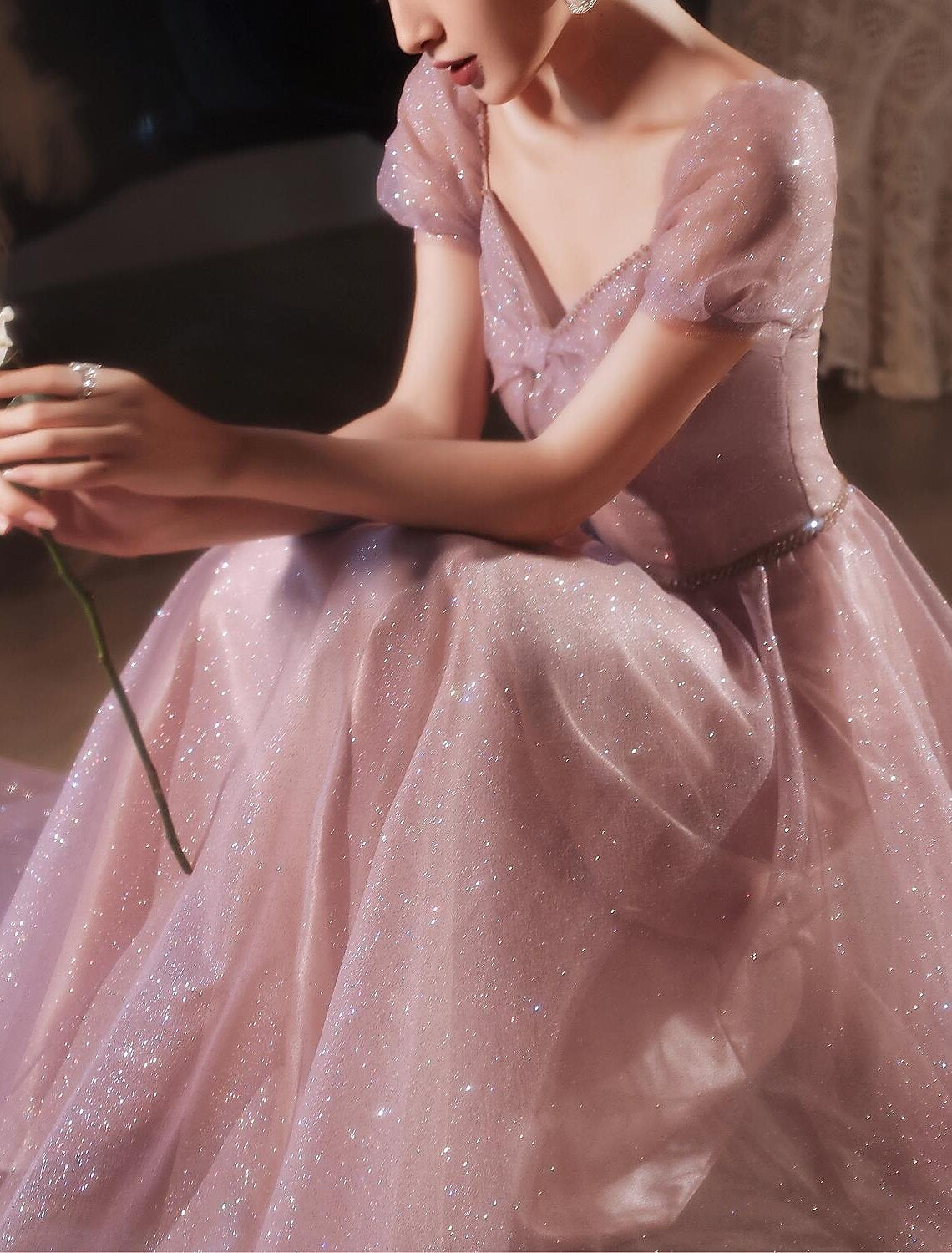 Vestido elegante de fiesta, formal, de noche, cumpleaños, con escote corazón, manga corta, largo hasta el suelo, con encaje y cuentas, 2025 / Mangas globo abullonadas