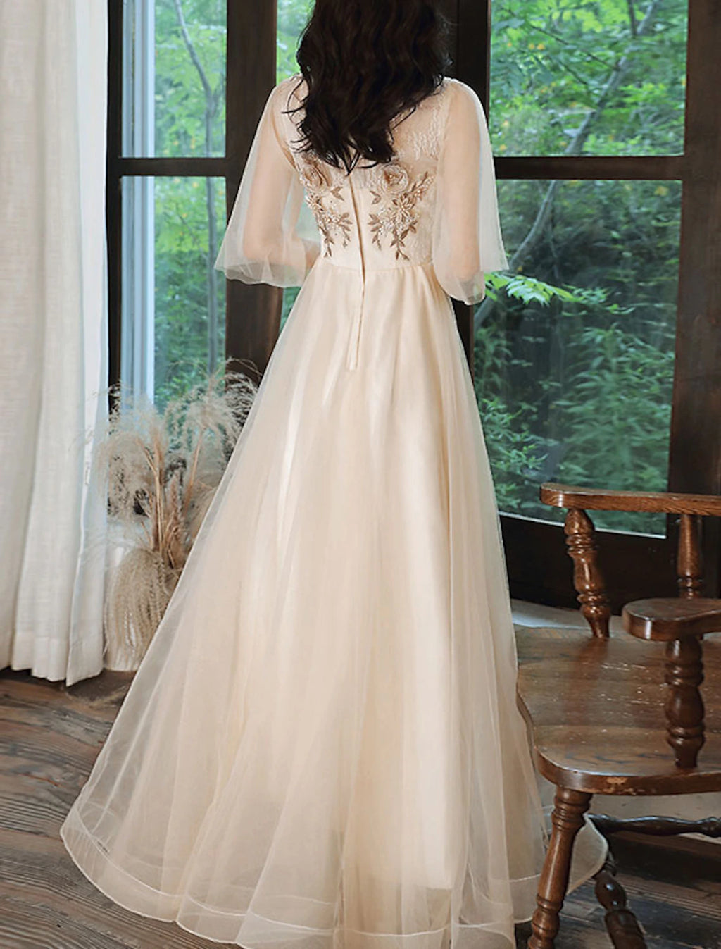Champagne Chiffon A-Line Floor-Length Dress with V-Neck, Embroidered Bodice & Flutter Sleeves