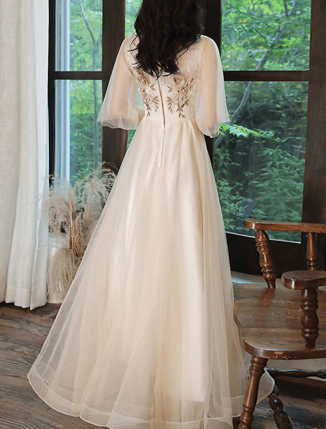 Champagne Chiffon A-Line Floor-Length Dress with V-Neck, Embroidered Bodice & Flutter Sleeves