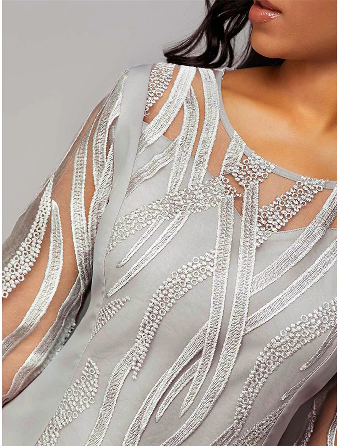 Vestido de fiesta para mujer, vestido de encaje, vestido de regreso a casa, vestido midi gris, manga 3/4, color puro, encaje, otoño invierno, cuello redondo, vestido de invitada de boda