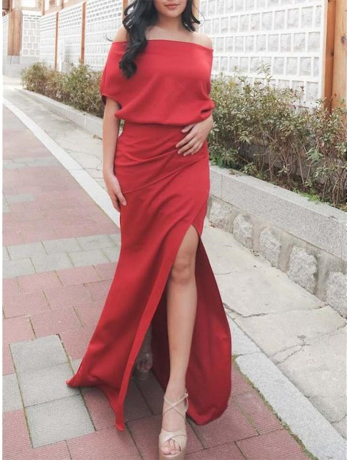 Sheath / Column Empire Elegant Wedding Guest Formal Evening Birthday Dress Off Shoulder Half Sleeve Floor Length  Chiffon with Slit 2025