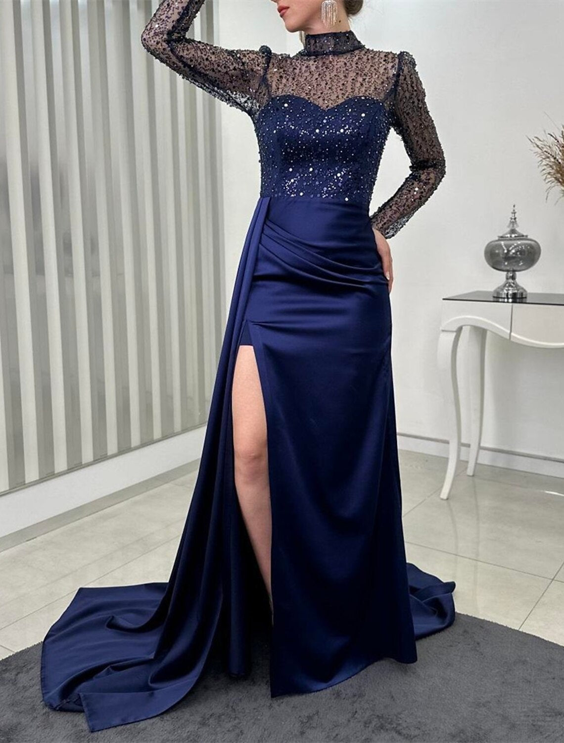 Mermaid / Trumpet Evening Gown Elegant Dress Wedding Guest Fall Court Train Long Sleeve High Neck Satin with Ruched Pearls Slit