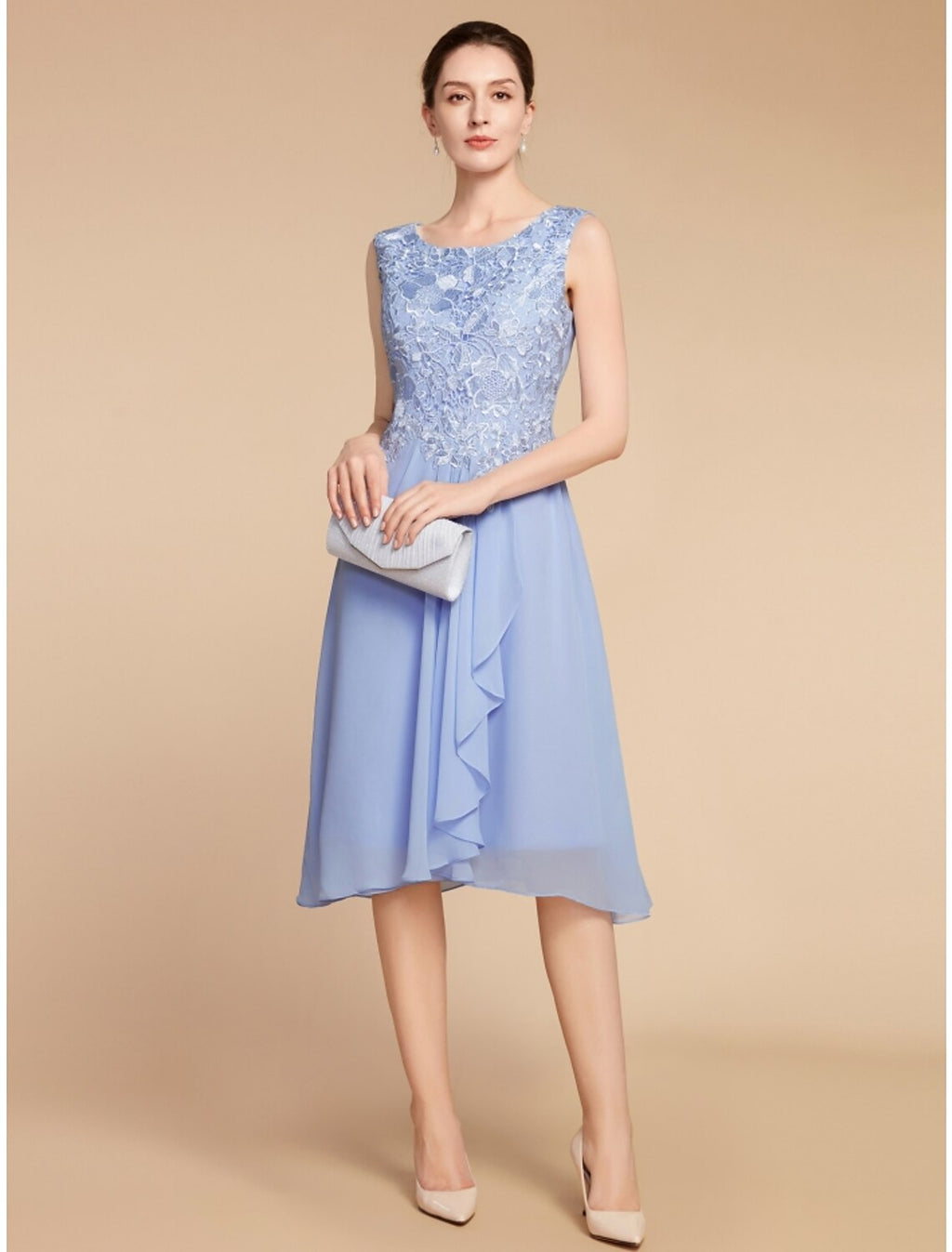 Dusty Blue Chiffon A-Line Tea-Length Bridesmaid Dress with Lace Bodice & Jacket