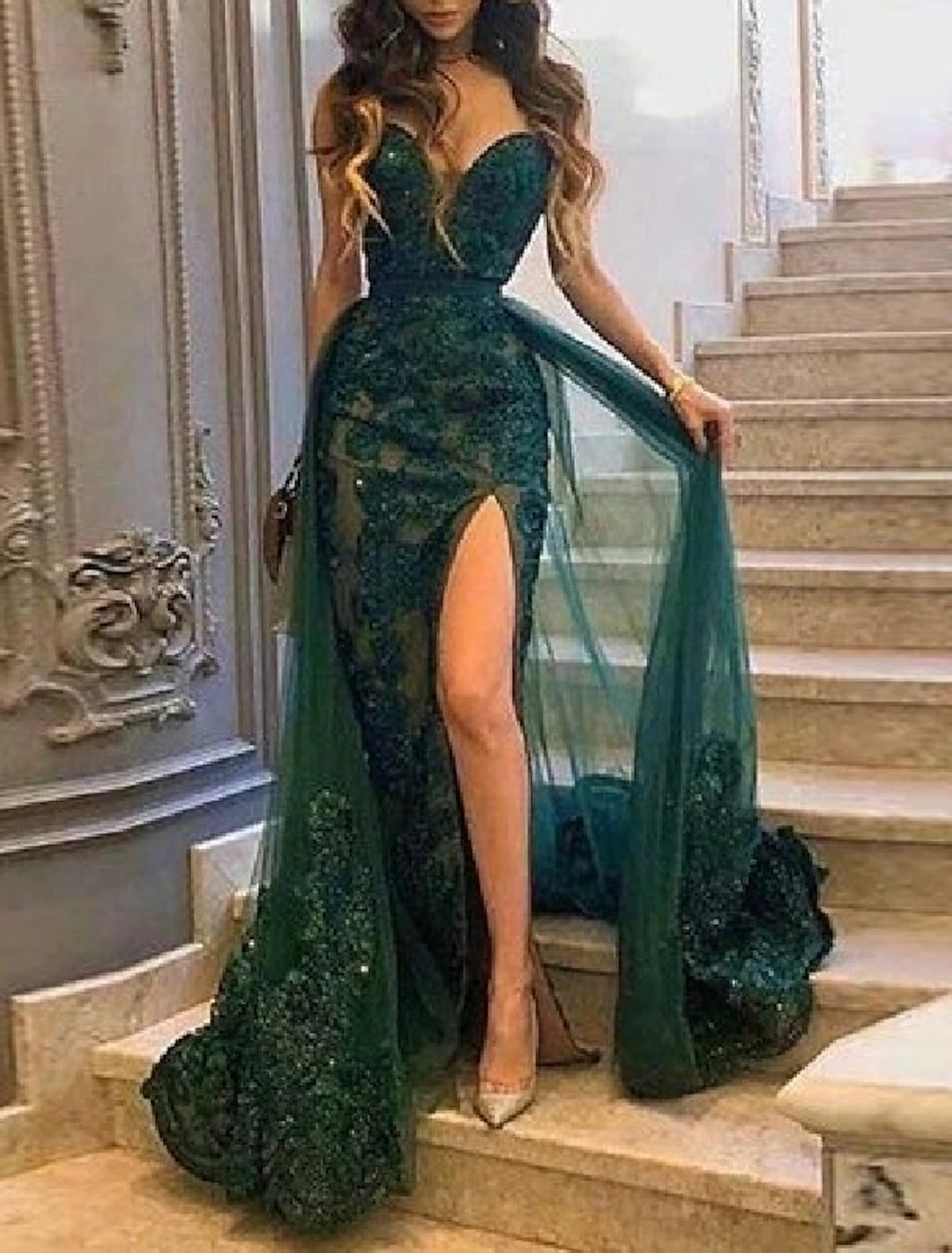 Mermaid Prom Dresses Emerald Green Dress Christmas Red Green Dress Wedding Guest Court Train Sleeveless Strapless Tulle with Slit Appliques 2025