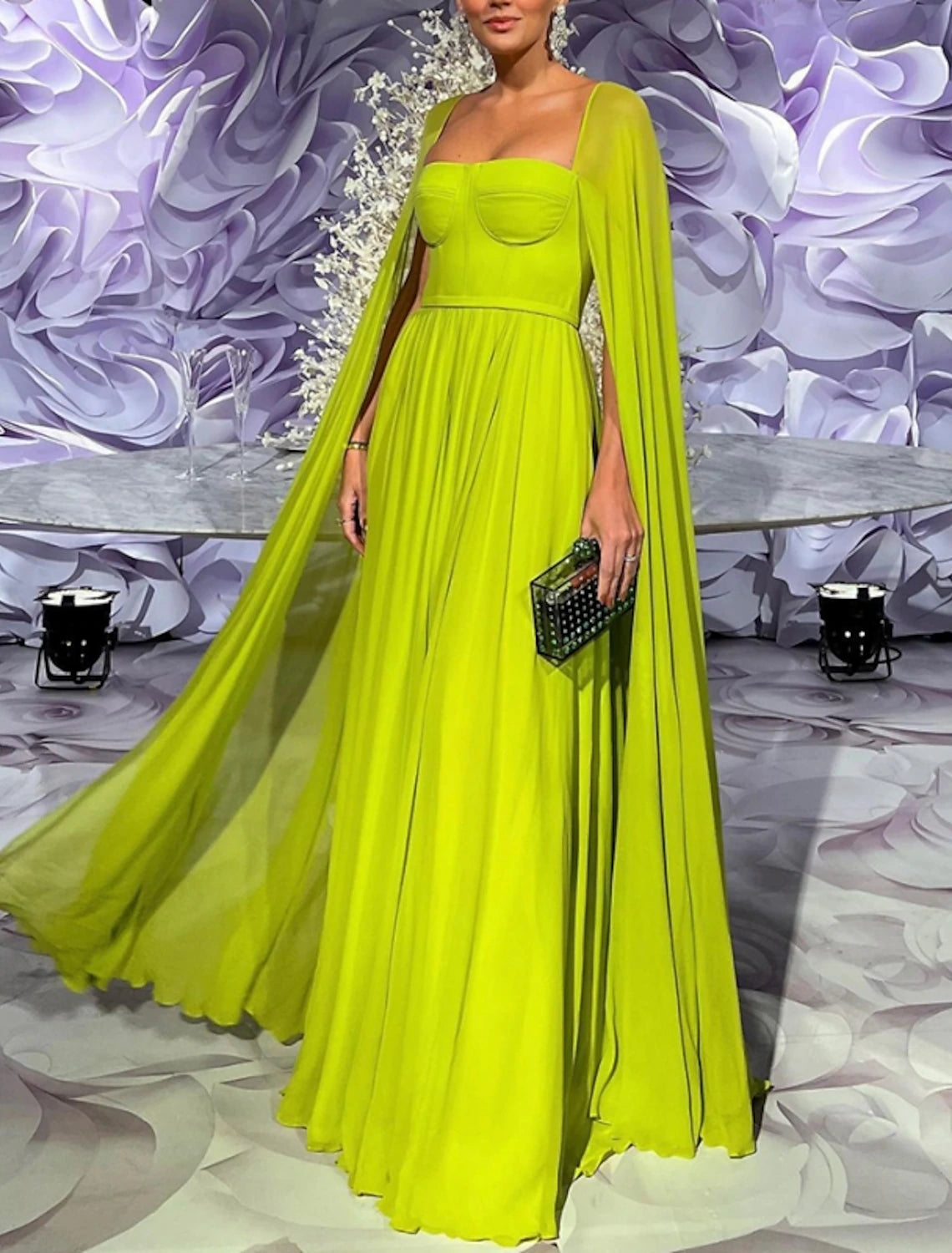 Emerald Chiffon A-Line Bridesmaid Floor-Length Dress with Square Neck & Cape Sleeves