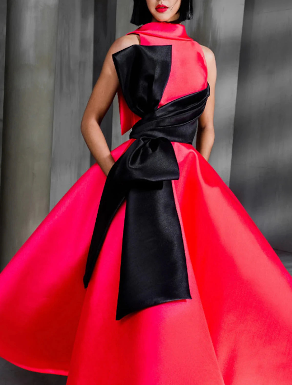 Ball Gown Color Block Celebrity Style Elegant Prom Formal Evening Birthday Dress Christmas Red Green Dress High Neck Sleeveless Ankle Length Satin with Bow(s) 2025