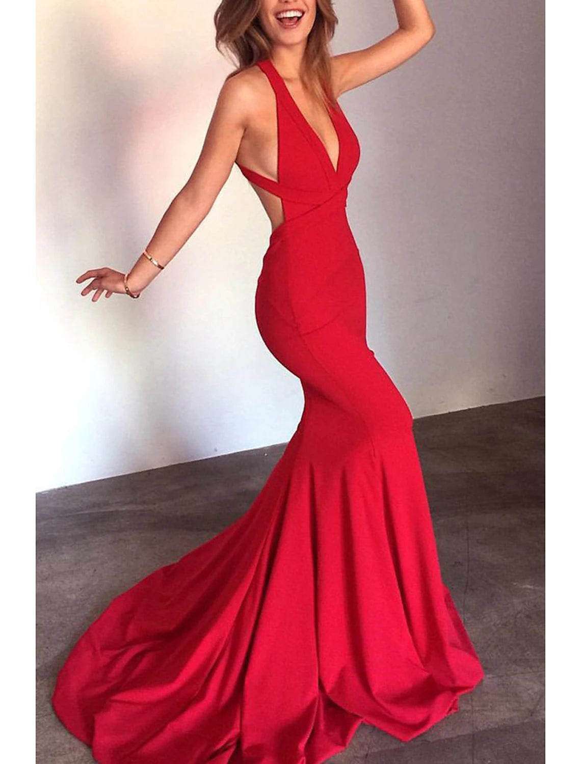 Mermaid / Trumpet Evening Gown Open Back Dress Formal Prom Court Train Sleeveless V Neck  Fabric with Strappy 2025