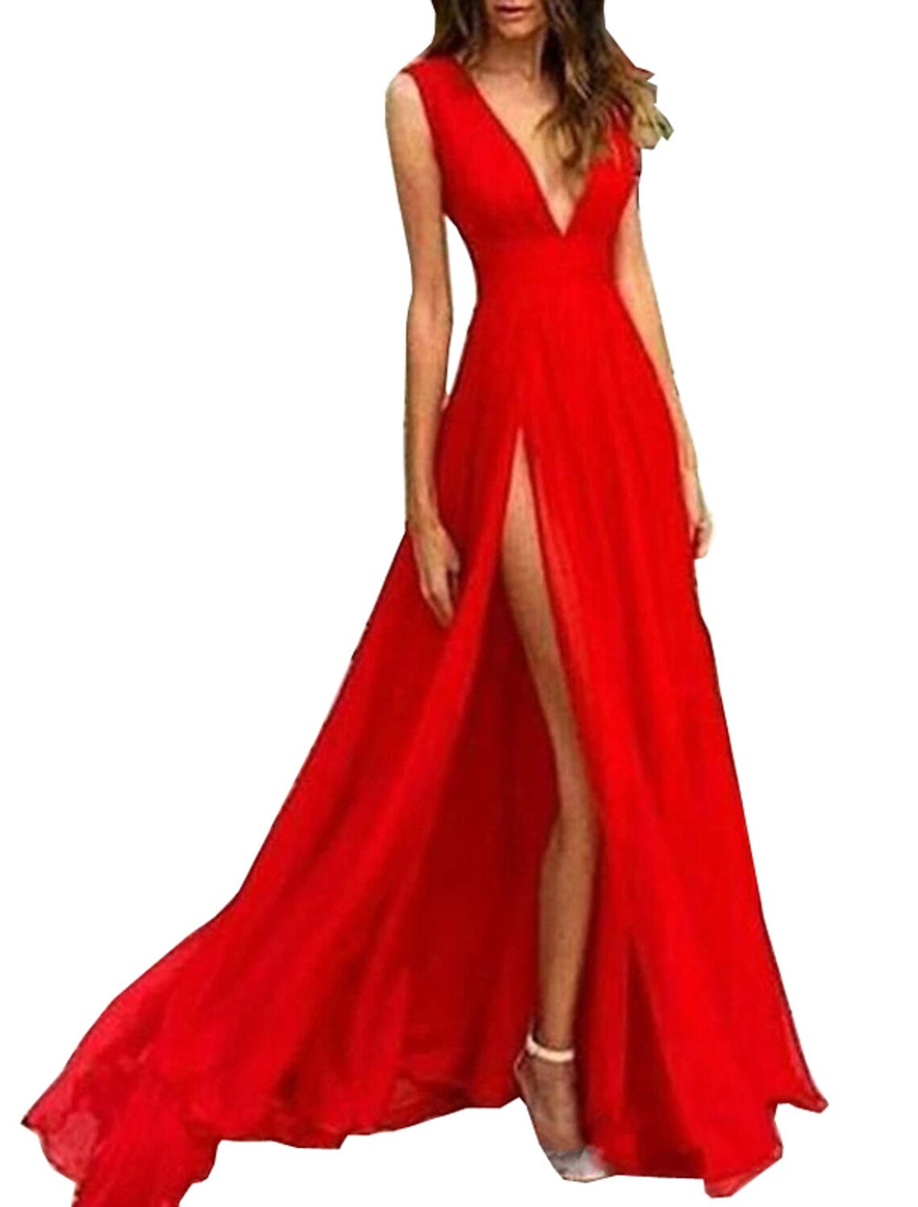 Red Chiffon A-Line Floor-Length Evening Dress with Plunging V-Neck and High Slit
