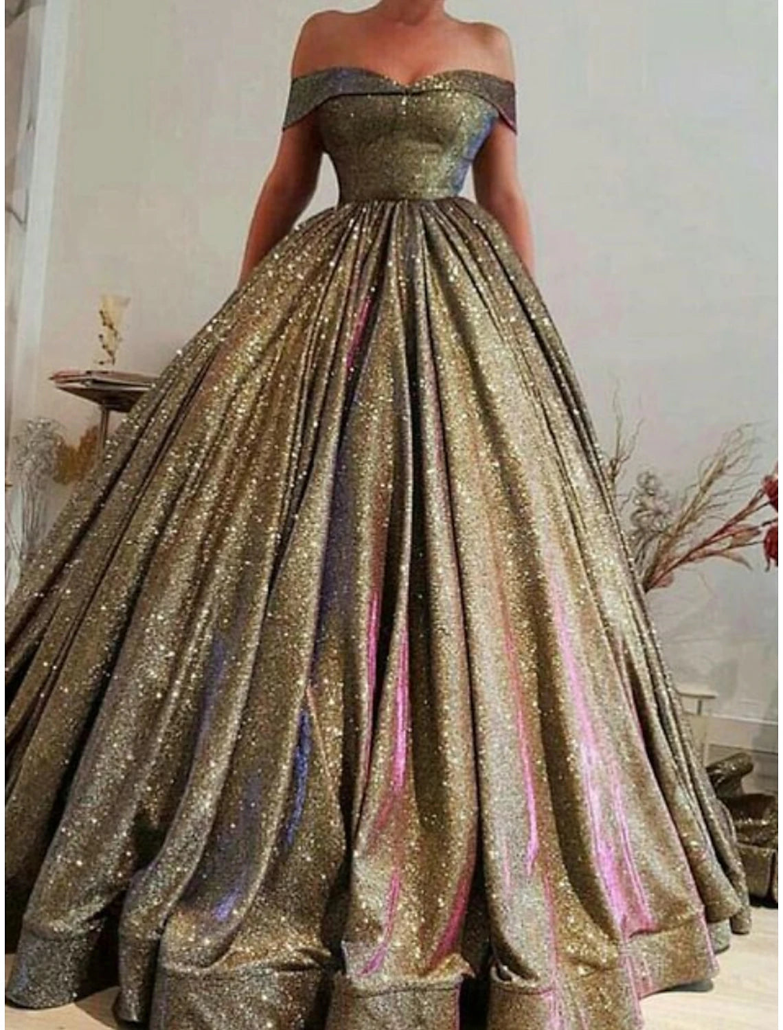 A-Line Prom Dresses Sparkle & Shine Dress Black Tie Gala Court Train Short Sleeve Off Shoulder Sequined with Glitter Pleats 2025