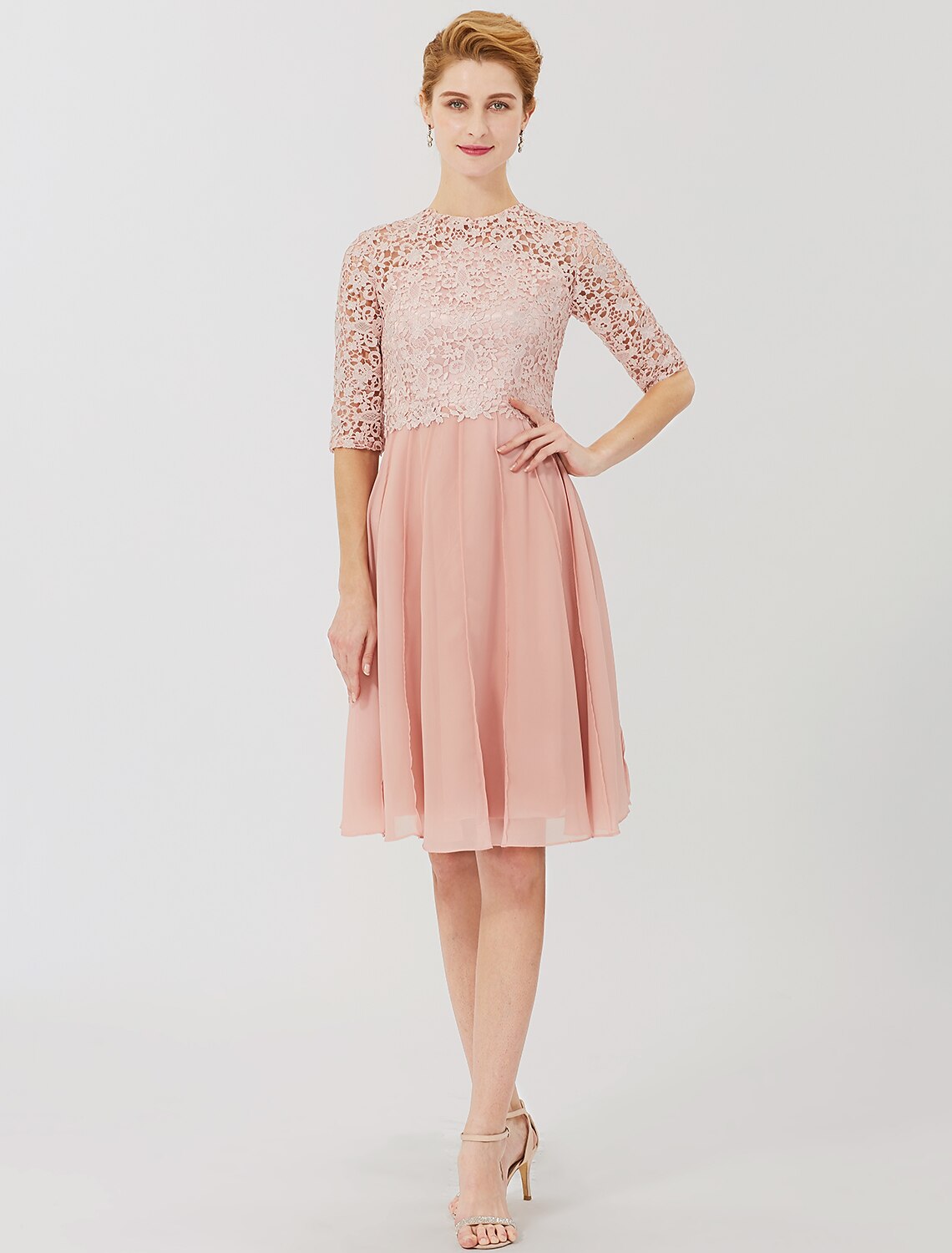 Vestido de baile para madre de la novia, formal, clásico y atemporal, elegante y lujoso, convertible, cuello ilusión, largo hasta la rodilla, gasa, encaje floral, manga 3/4 con broche de cristal