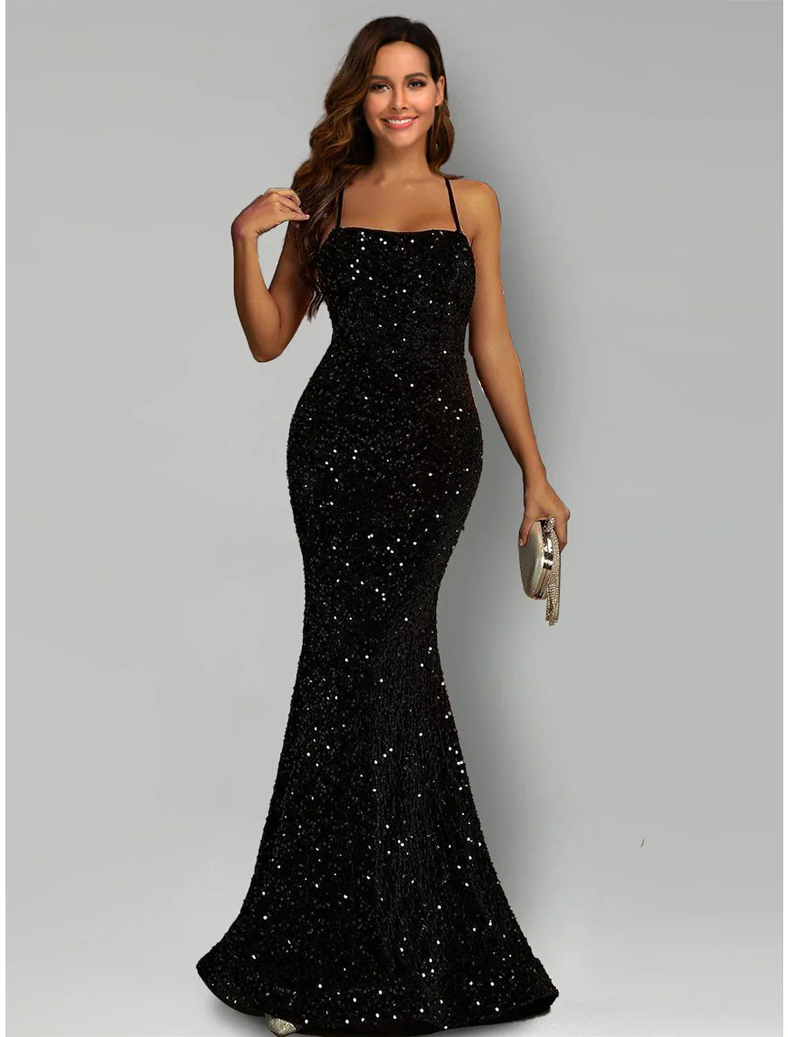 Black Sequin Mermaid Floor-Length Evening Dress with Straight Neck