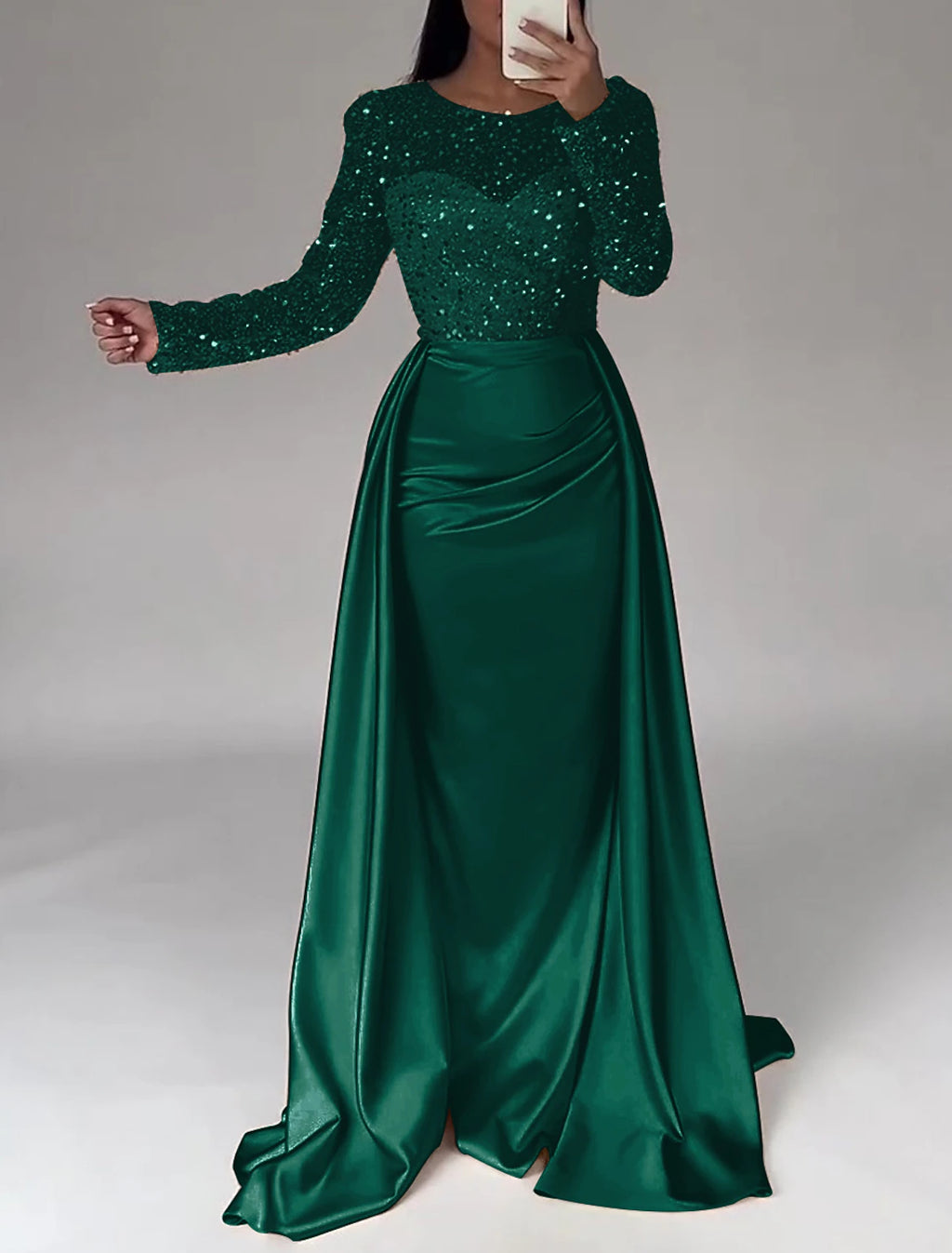 Ivory Satin Sheath/Column Gown with Illusion Sequin Sleeves