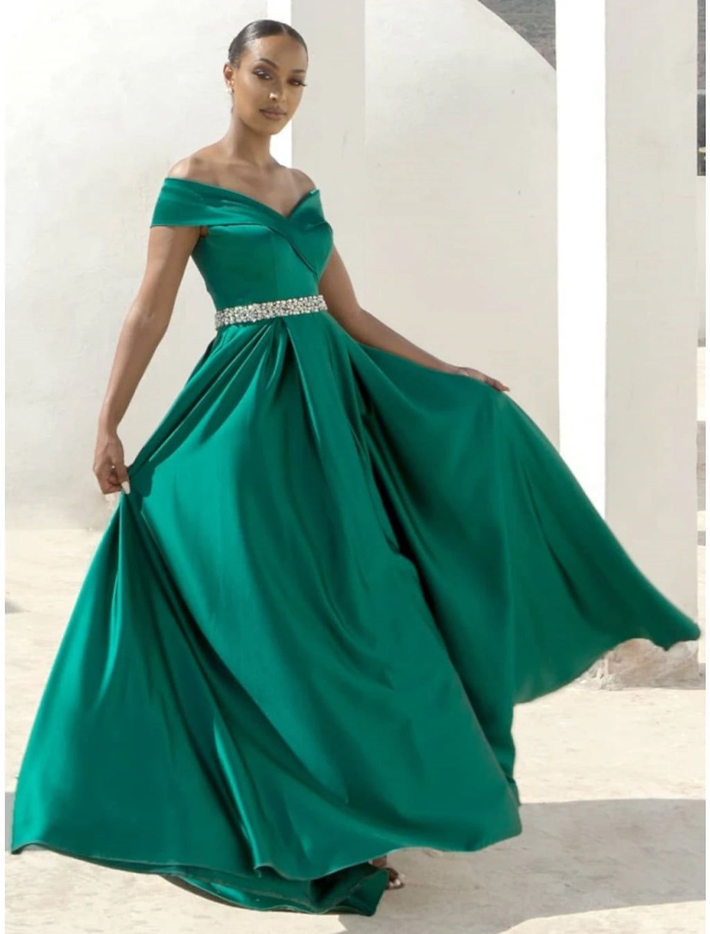 Emerald Satin A-Line Off-the-Shoulder Floor-Length Evening Dress