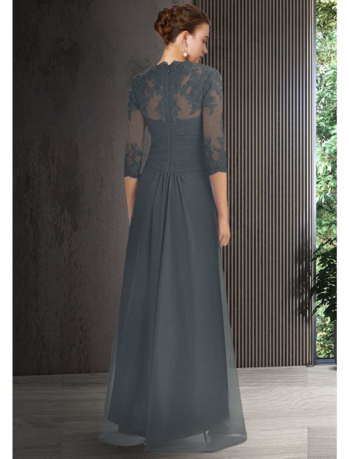 Vestido elegante de dos piezas para madre de la novia, con corte tubo/columna, escote barco alto bajo, asimétrico, de gasa con encaje, mangas 3/4, chaqueta y broche de cristal drapeado.