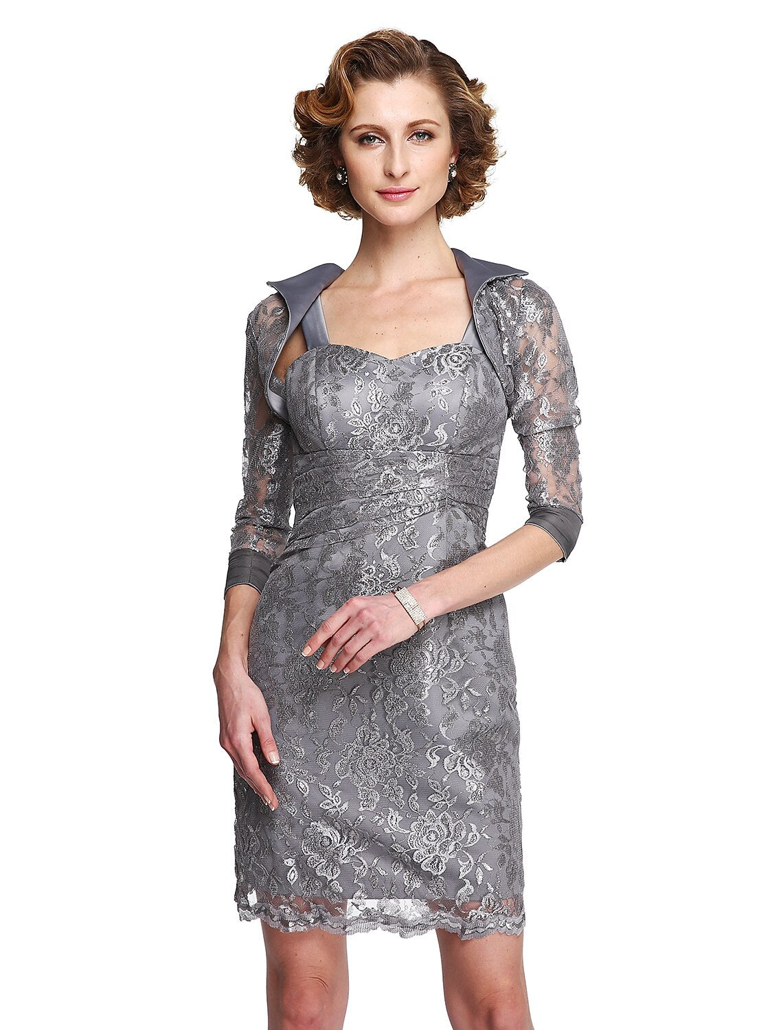 Abito da madre della sposa a tubino/colonna, due pezzi, spalline, lunghezza al ginocchio, pizzo, senza maniche, sì, con applicazioni in pizzo