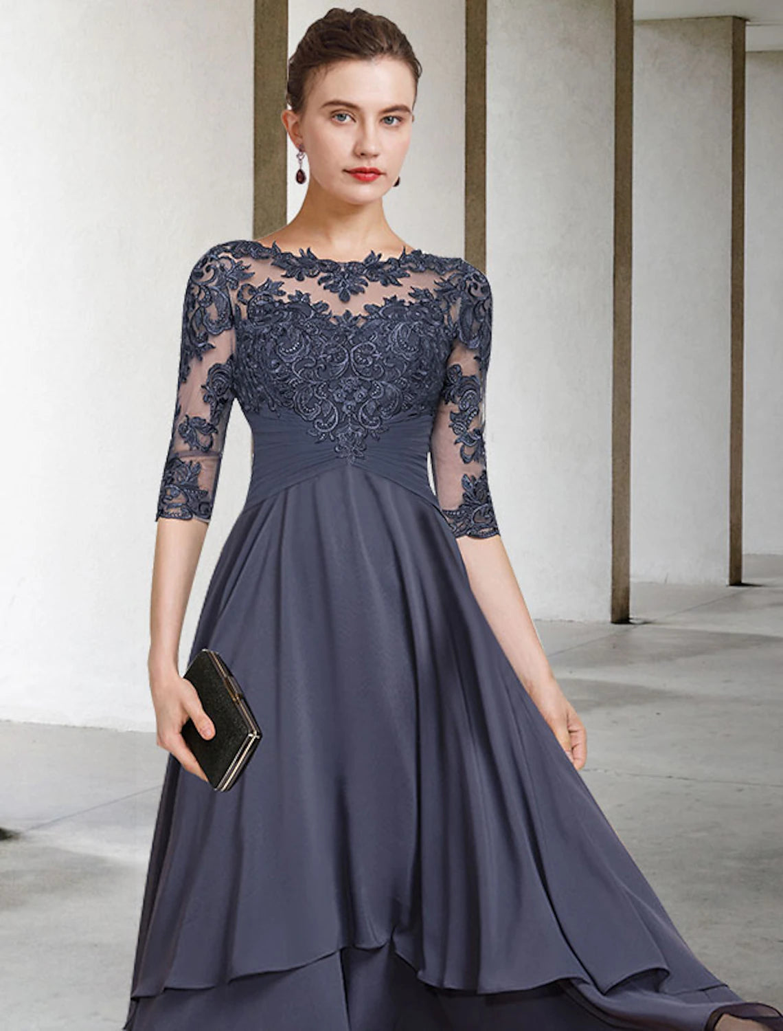 Dark Navy Chiffon A-Line High-Low Dress with Lace Bodice & Boat Neck