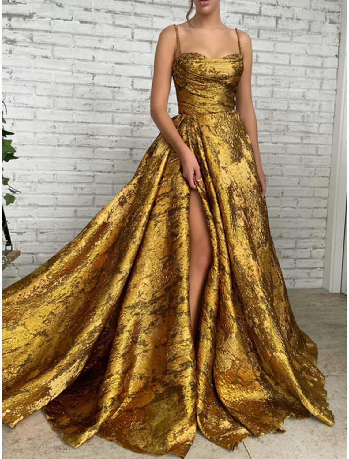 A-Line Evening Gown High Split Dress Formal Christmas Court Train Sleeveless Spaghetti Strap Sequined with Glitter Pleats Ruched 2025