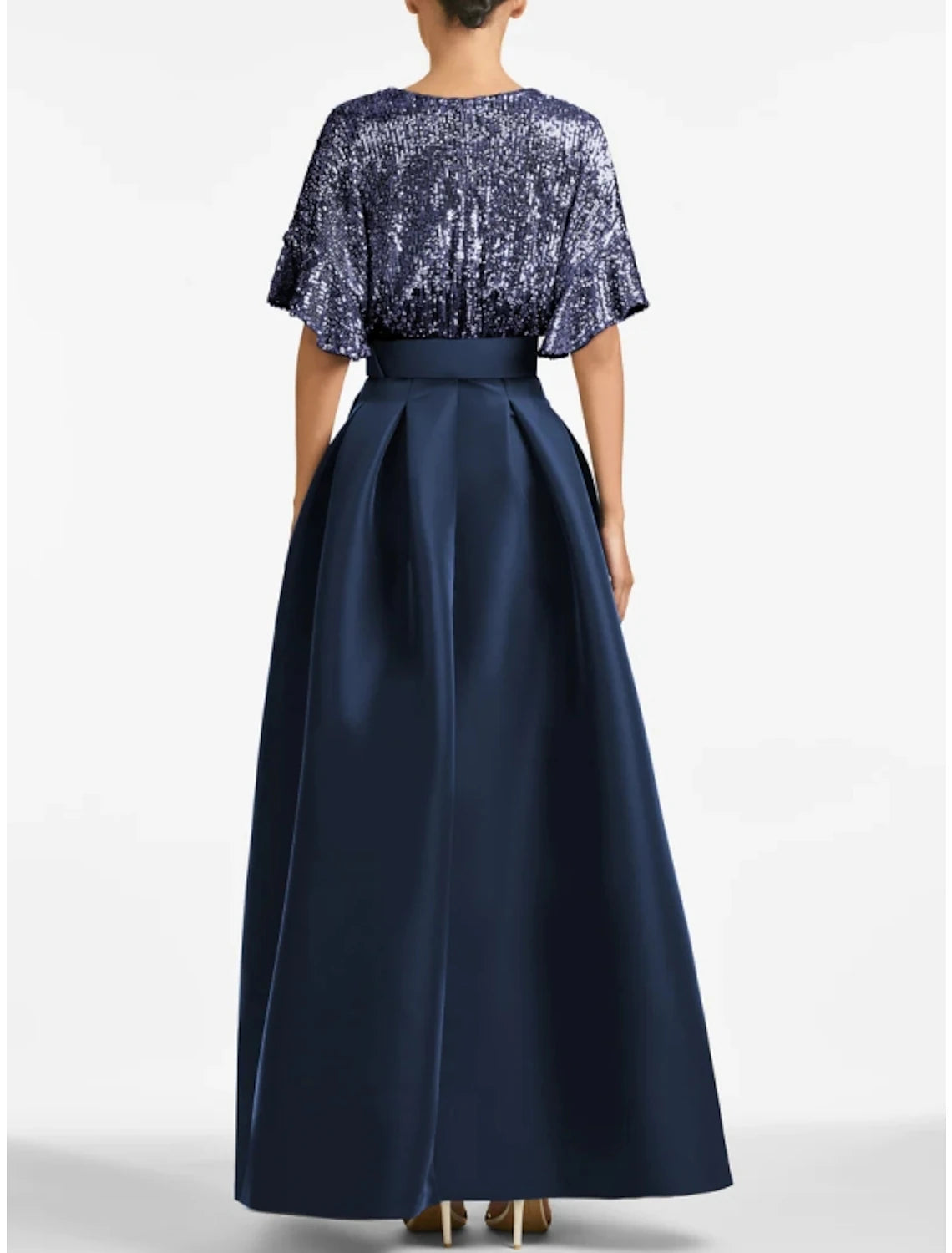 Abito da sera a trapezio, scintillante e brillante, per invitati a nozze formali, lunghezza alla caviglia, mezza manica, scollo a V, in raso con pieghe glitterate, 2025