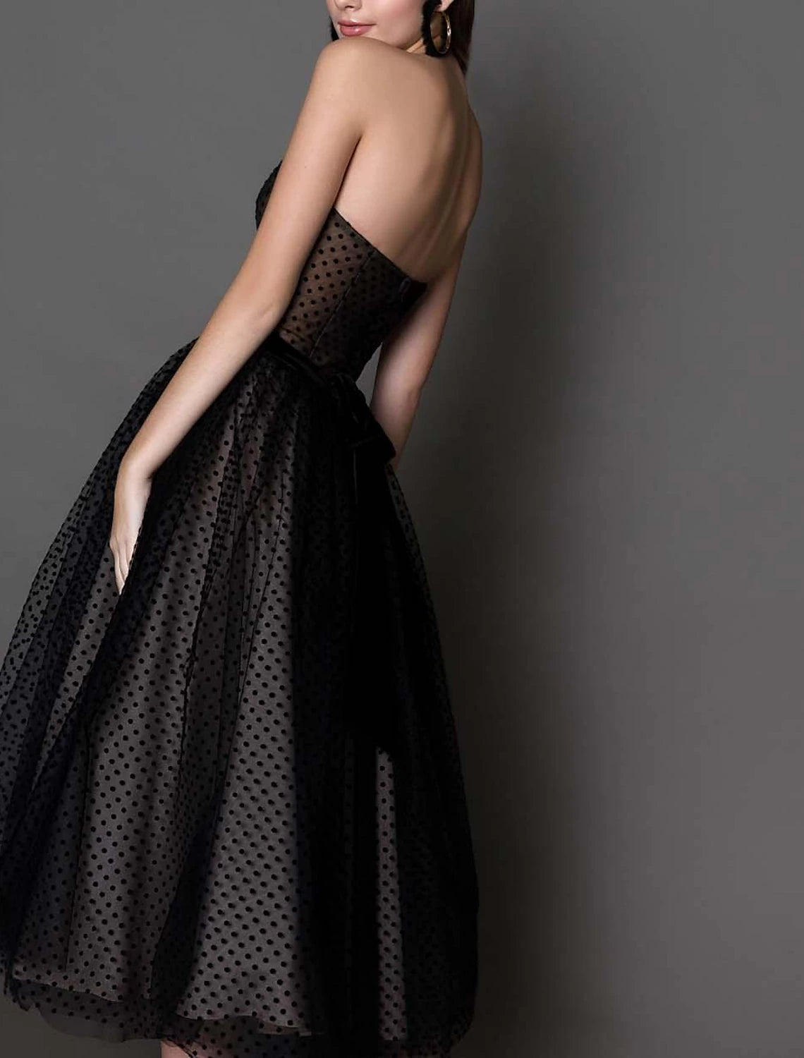 Vestido de fiesta de cóctel negro, vestido vintage, vestido de fiesta de cóctel, largo hasta la rodilla, sin mangas, sin tirantes, Miércoles de la Familia Addams, tul con lunares 2025