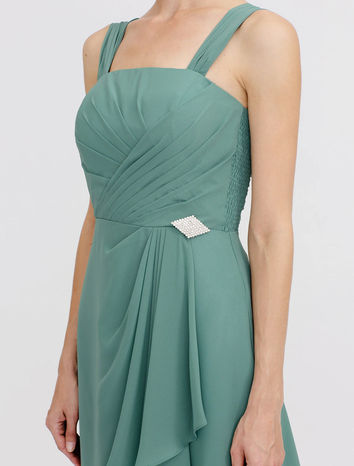 Abito da sposa a trapezio, elegante, corto/mini, in chiffon, senza maniche, con pieghe e perline, due pezzi, formale