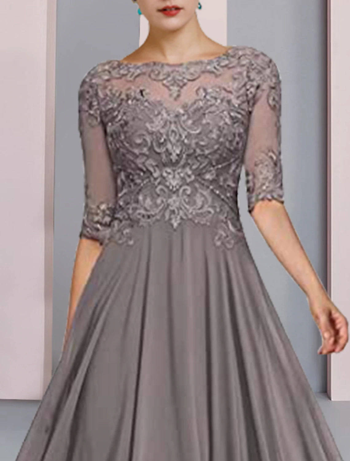 Grey Chiffon A-Line Floor-Length Evening Dress with Illusion Lace Bodice & 3/4 Sleeves