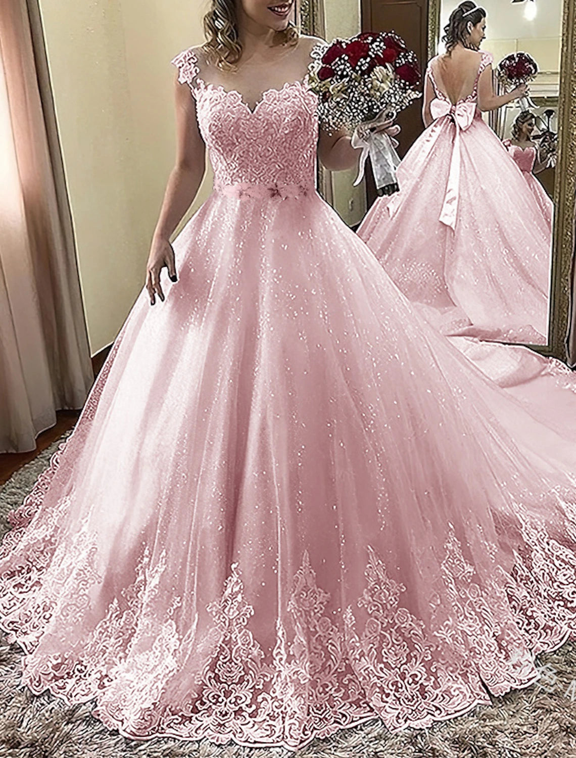 Vestidos de novia formales de compromiso, vestido de baile, cuello ilusión, manga corta, cola de corte, vestidos de novia de encaje con apliques de lazo(s)