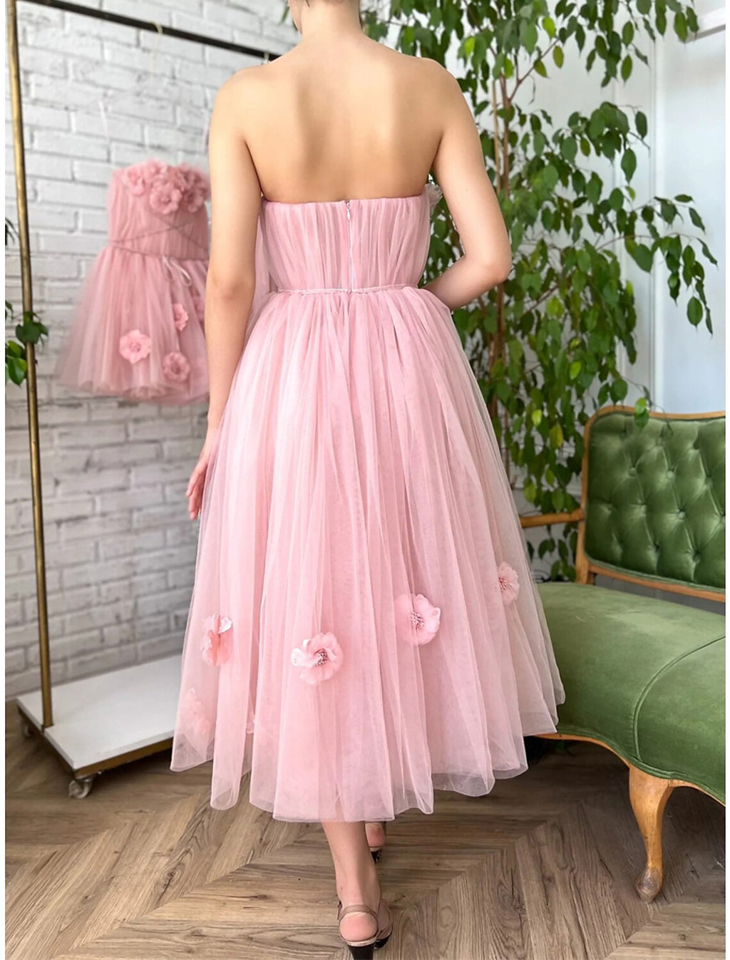 Pink Tulle A-Line Tea-Length Bridesmaid Dress with 3D Floral Appliques