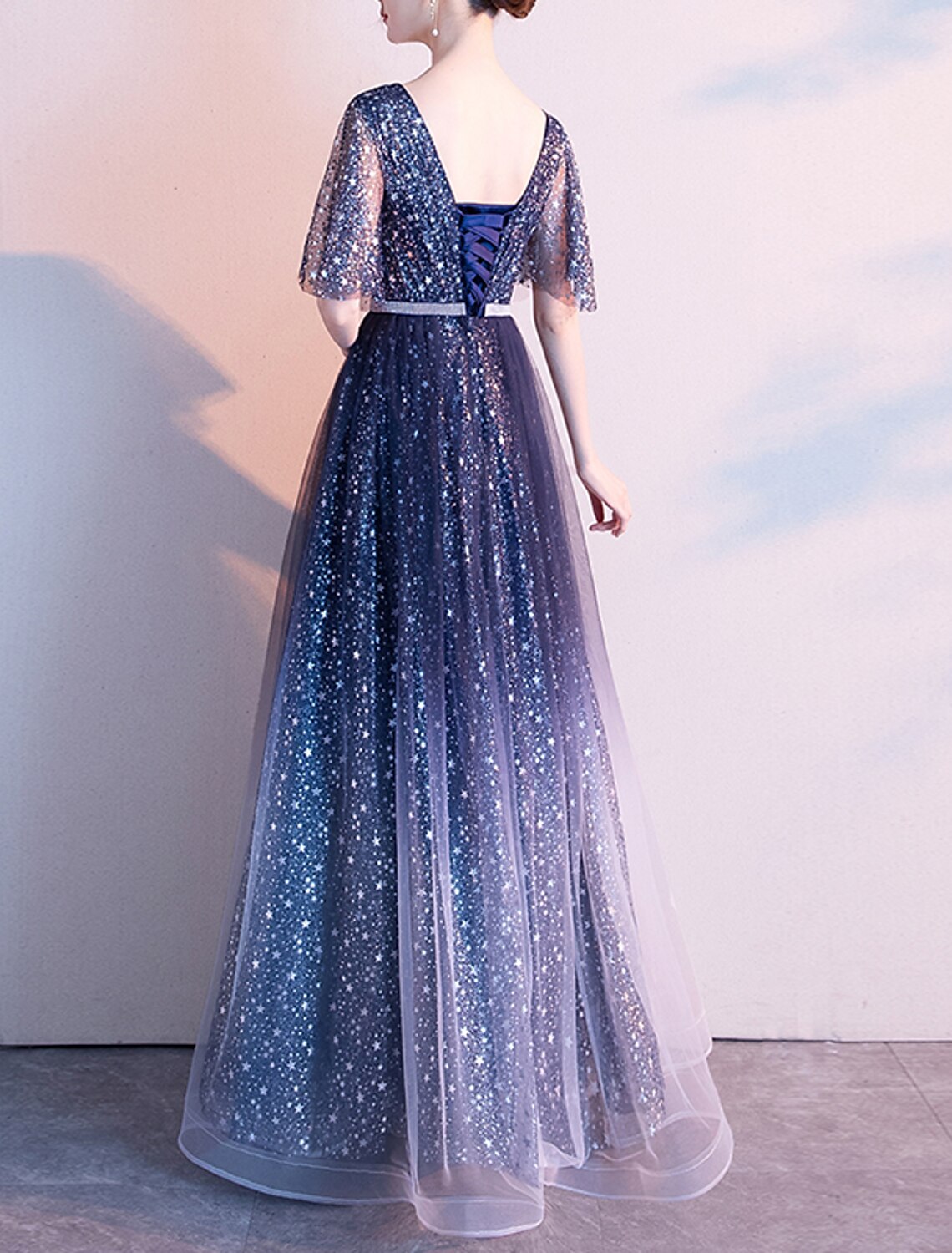 A-Line Evening Gown Glittering Dress Wedding Guest Prom Floor Length Half Sleeve V Neck Tulle with Sash / Ribbon Pleats Sequin 2025