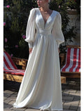Ivory Satin A-Line Floor-Length Evening Dress with V-Neck and Voluminous Sleeves