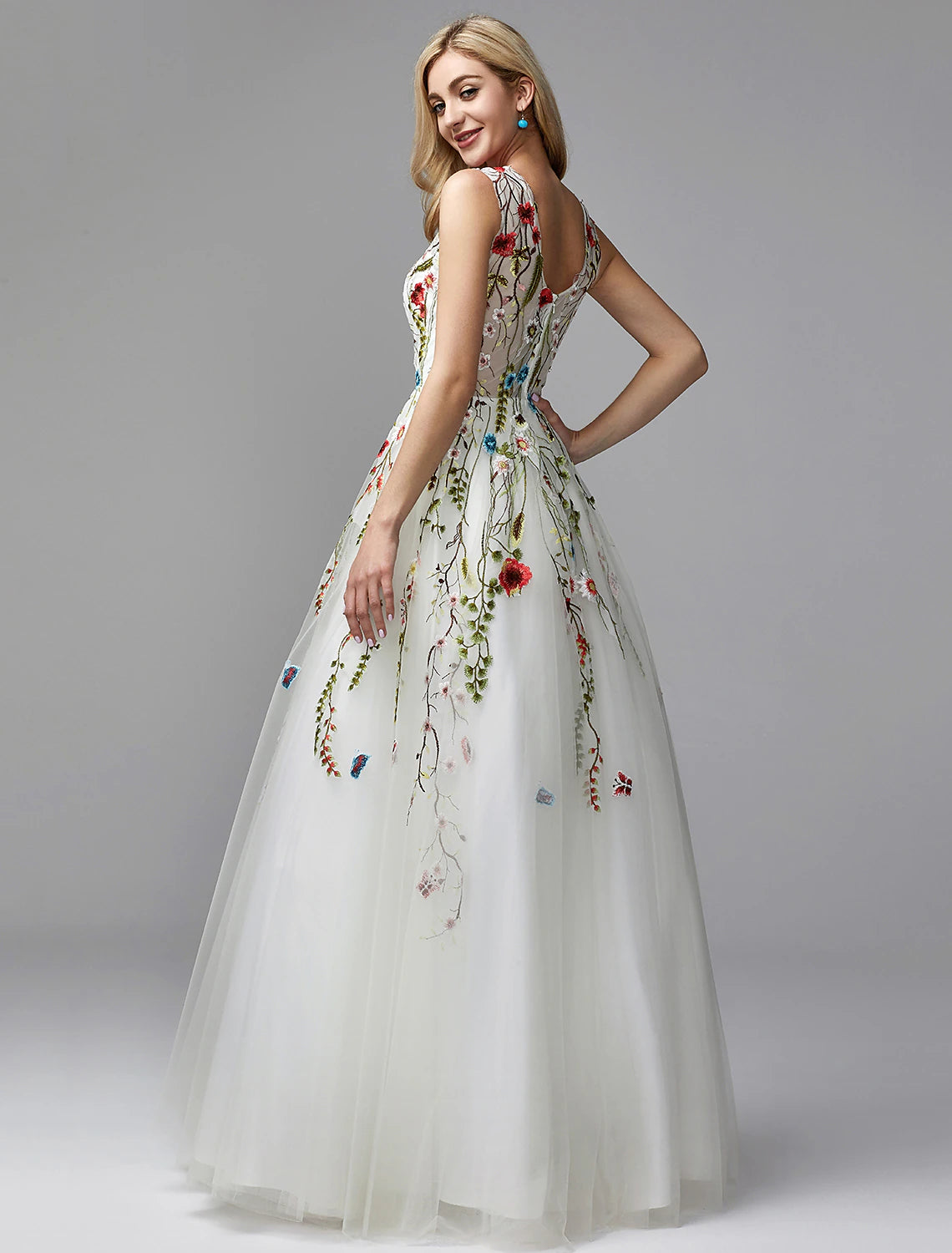 Vestidos para ocasiones especiales de corte A, vestido floral, para invitados de boda, regreso a casa, largo hasta el suelo, sin mangas, cuello en V, encaje con apliques bordados