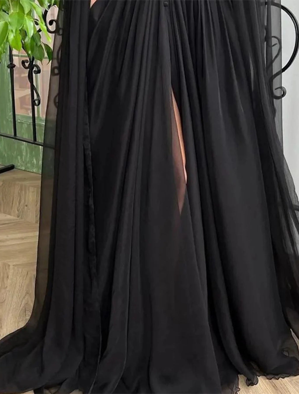 Black Chiffon A-Line Floor-Length Evening Dress with Embellished Deep V-Neck