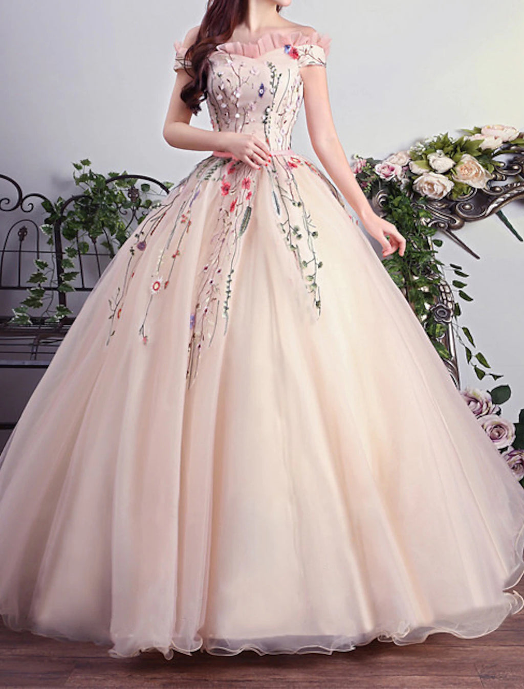 Blushing Pink Tulle Ball Gown Off-the-Shoulder Floor-Length Dress with Floral Embroidery & Ruffles